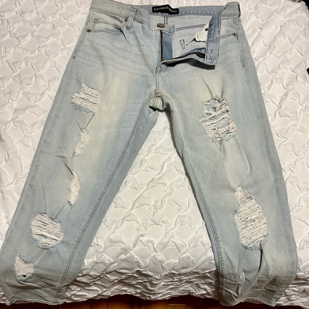 Express Light Wash Ripped Mid Ride Girlfriend Jeans. Size 10 (28inches)